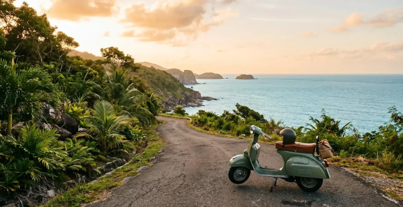 Tourist preparing to ride rental scooter on tropical island road with safety equipment visible