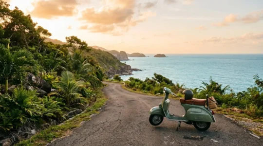 Tourist preparing to ride rental scooter on tropical island road with safety equipment visible