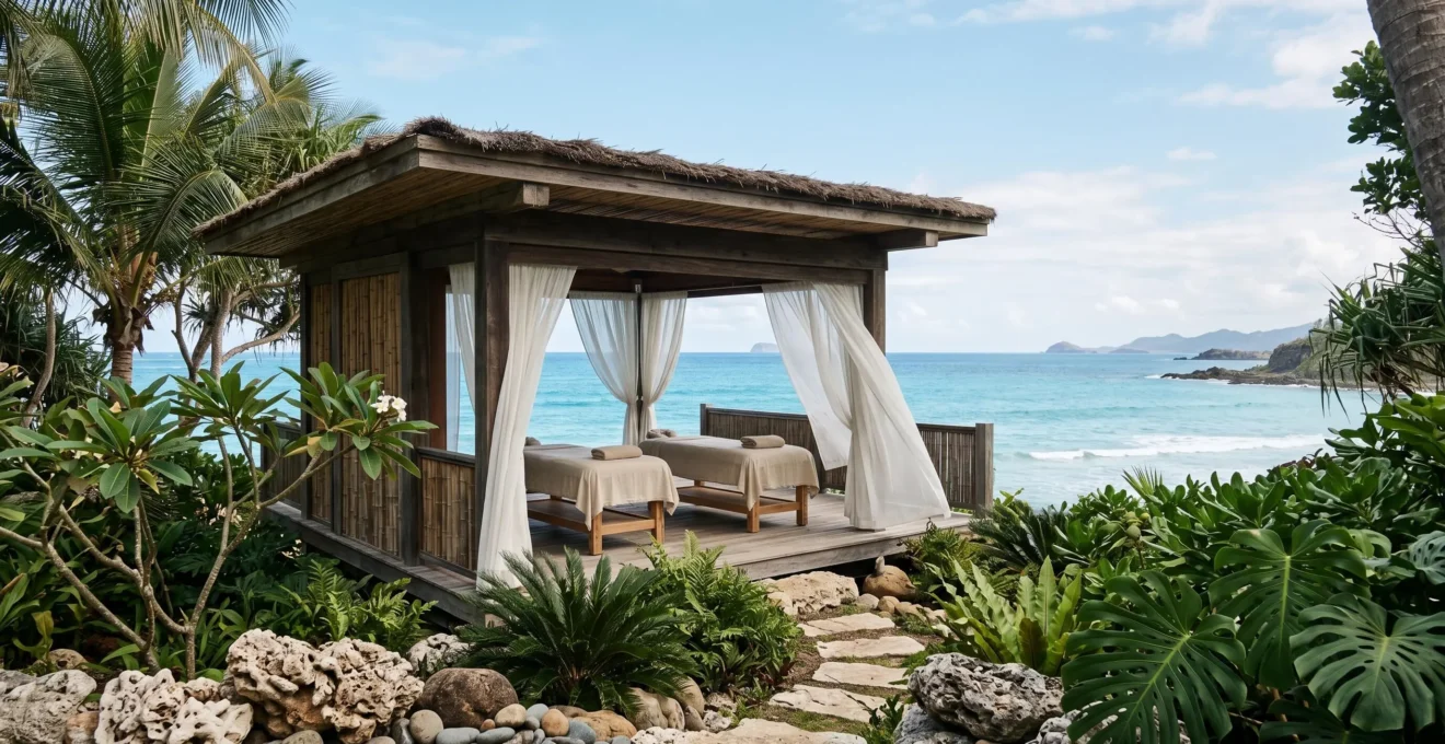 Serene island spa retreat setting with natural wellness elements and peaceful atmosphere promoting lasting health changes