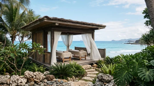 Serene island spa retreat setting with natural wellness elements and peaceful atmosphere promoting lasting health changes