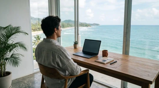 Traveler researching authentic island destinations using multiple information sources