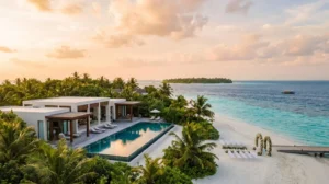 Elegant luxury villa with white architecture overlooking pristine turquoise lagoon, private infinity pool, palm trees, and wedding setup for milestone celebrations