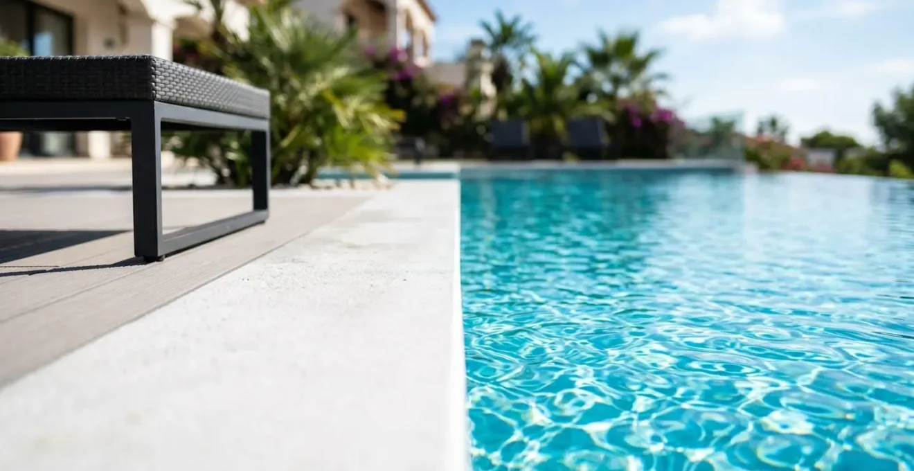 Extreme close-up of modern swimming pool edge with turquoise water and corner of contemporary white deck lounger, villa facade blurred in background
