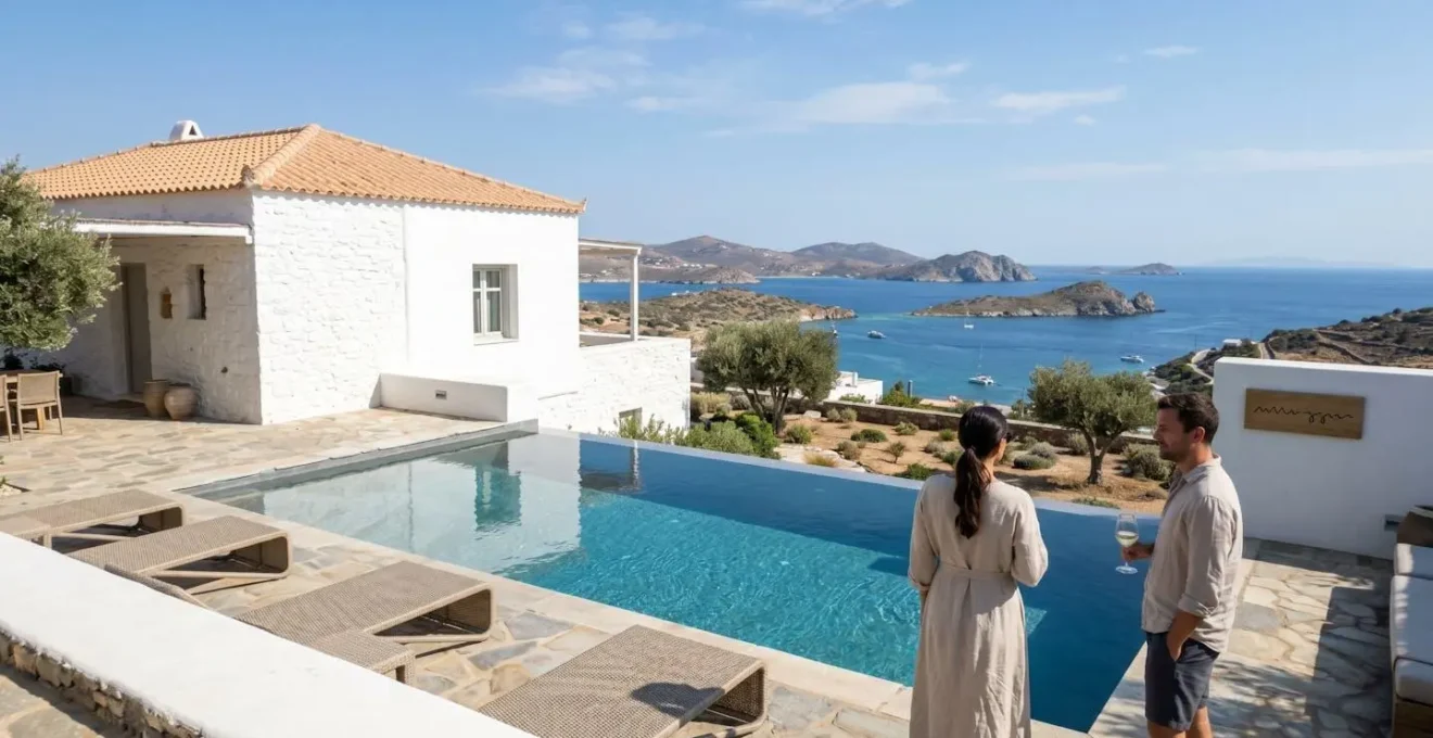 Contemporary white villa with infinity pool overlooking turquoise coastal waters on a European island