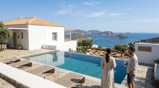Contemporary white villa with infinity pool overlooking turquoise coastal waters on a European island