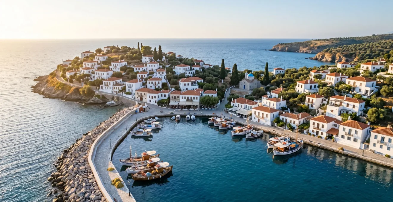 Aerial view of a Mediterranean island harbor with traditional fishing boats and whitewashed hillside village at golden hour