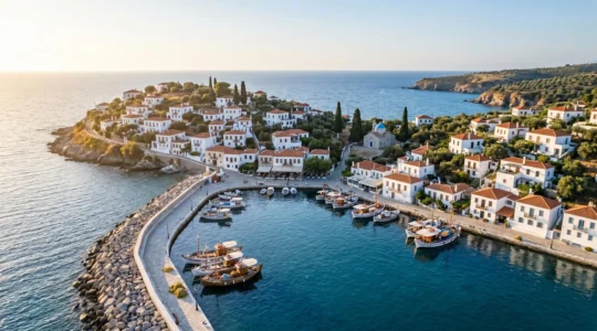Aerial view of a Mediterranean island harbor with traditional fishing boats and whitewashed hillside village at golden hour