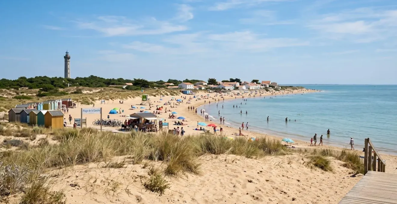 Wide shot of calm shallow beach with gentle waves, traditional beach huts visible in middle distance, northern Île de Ré coastline, bright natural daylight