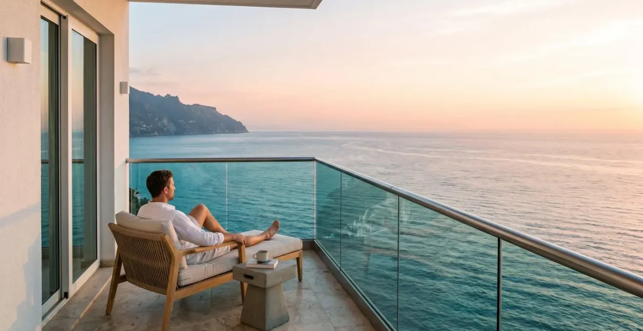 Luxury hotel corner room balcony with wraparound ocean views at sunrise, showcasing unobstructed coastal panorama and natural morning light