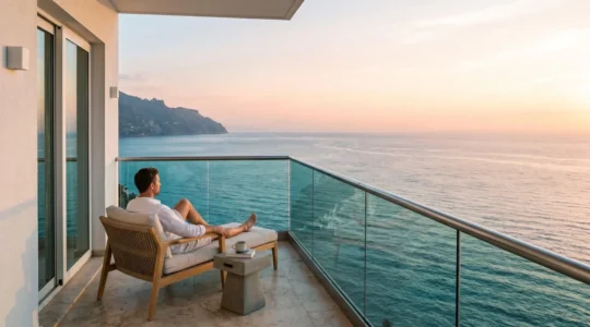 Luxury hotel corner room balcony with wraparound ocean views at sunrise, showcasing unobstructed coastal panorama and natural morning light