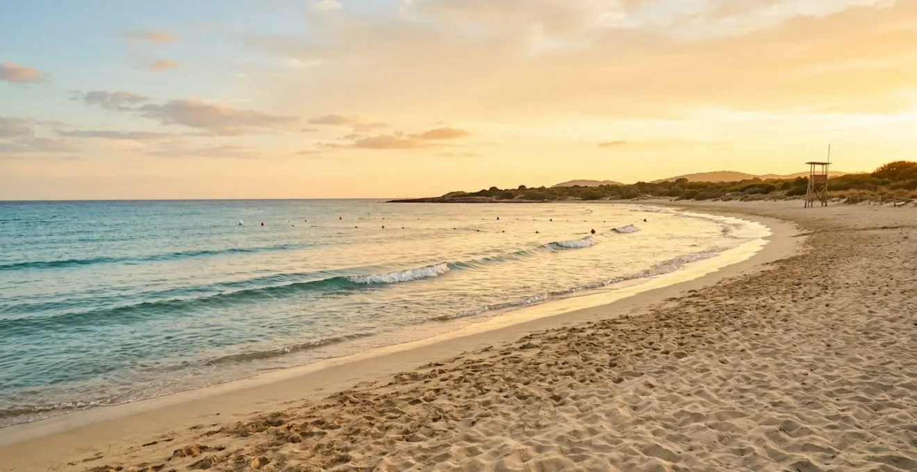 Lifeguarded island beach with designated swimming area boundaries marked by buoys and safety signage at golden hour