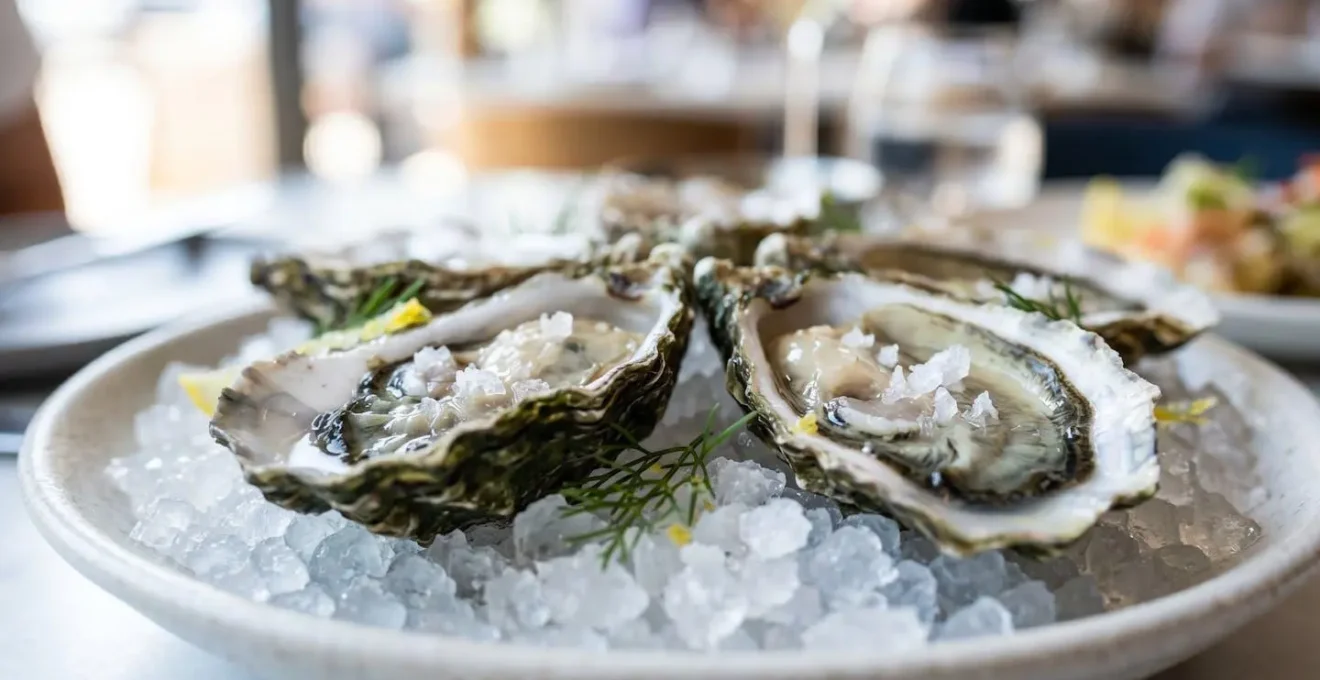 Extreme macro close-up of fresh oysters on ice with crystalline fleur de sel visible, shallow depth of field showing oyster shell texture detail, clean modern surface