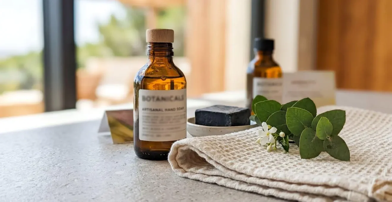 Close-up arrangement of luxury villa welcome amenities on modern white surface with soft natural lighting