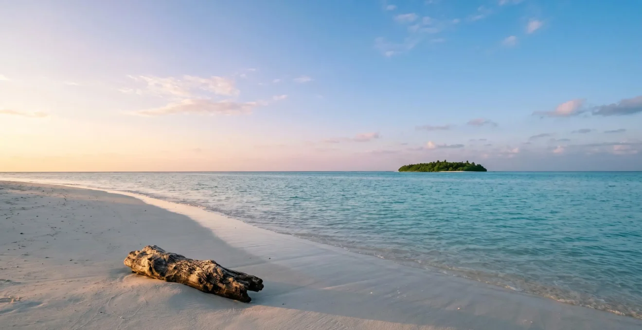 A pristine tropical island beach with turquoise water and untouched white sand, framed by natural vegetation under dramatic morning light