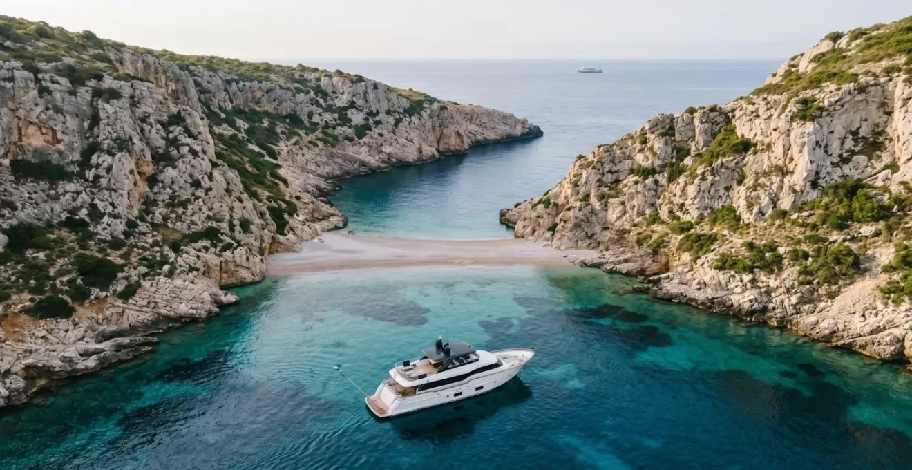 Luxury charter boat anchored in pristine turquoise cove unreachable by ferry services