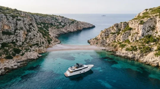 Luxury charter boat anchored in pristine turquoise cove unreachable by ferry services
