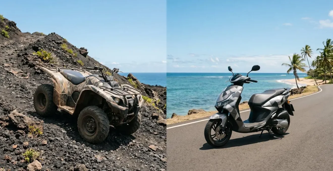 Quad bike and scooter on rugged island trail with volcanic terrain