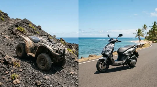 Quad bike and scooter on rugged island trail with volcanic terrain