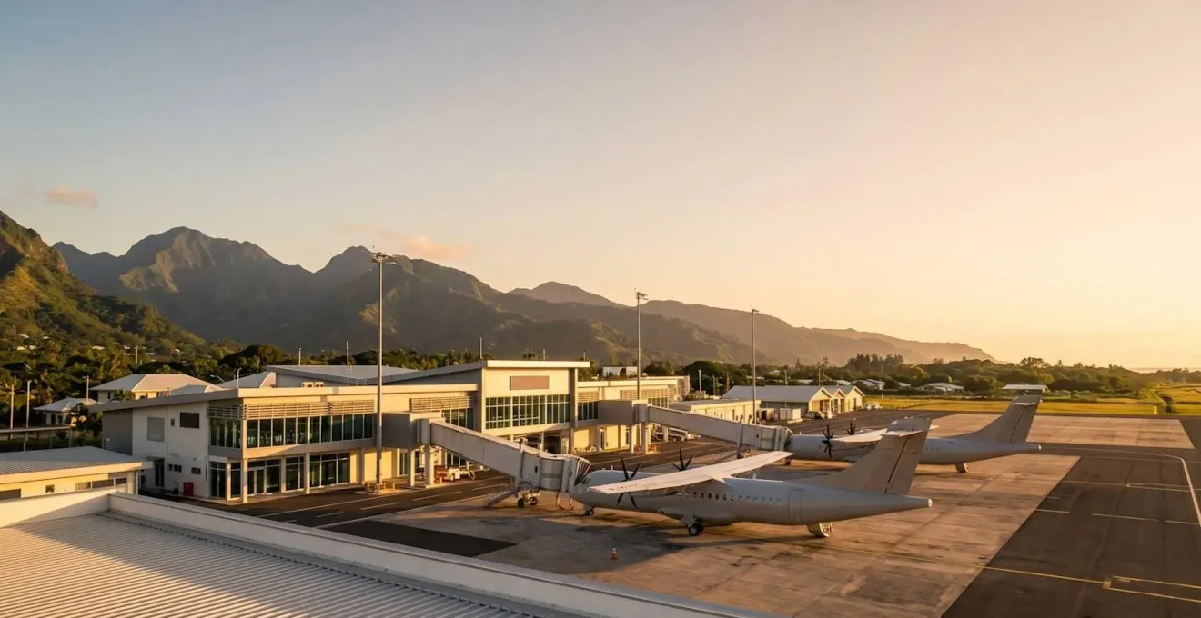 Modern regional airport terminal with island-bound aircraft on tarmac