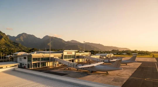 Modern regional airport terminal with island-bound aircraft on tarmac