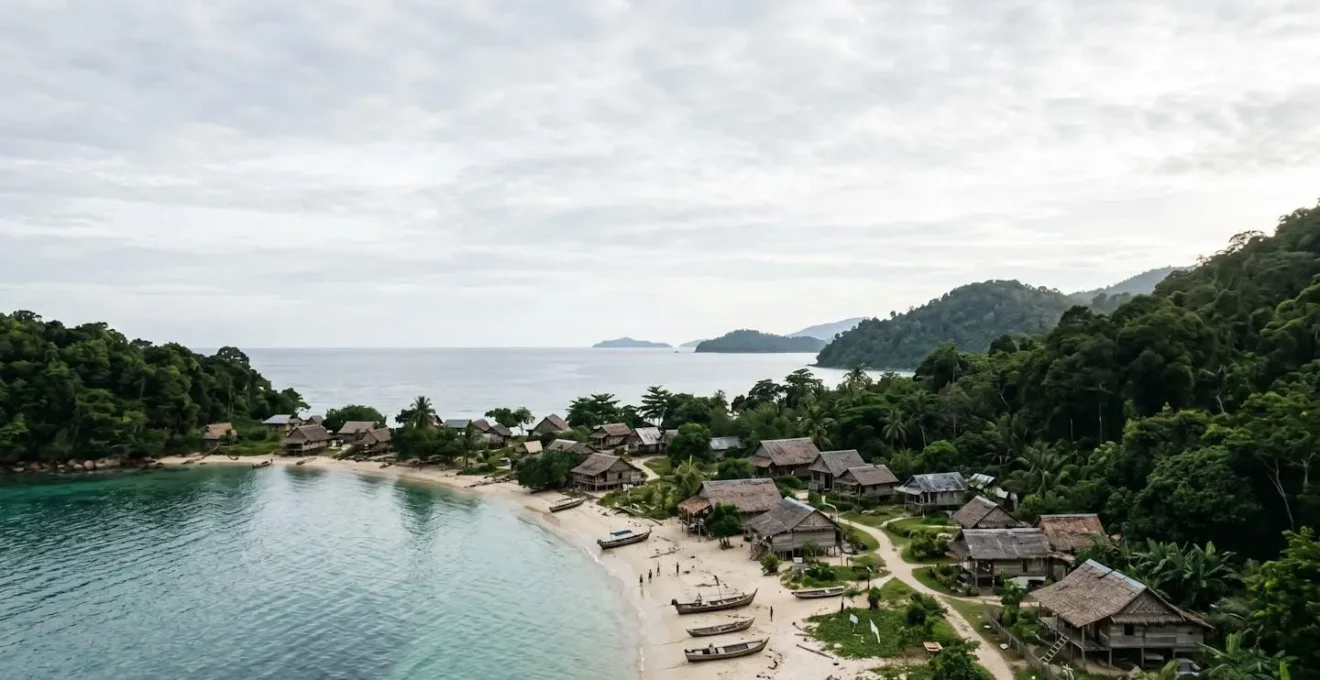 A remote island village scene balancing traditional authenticity and sustainable tourism practices