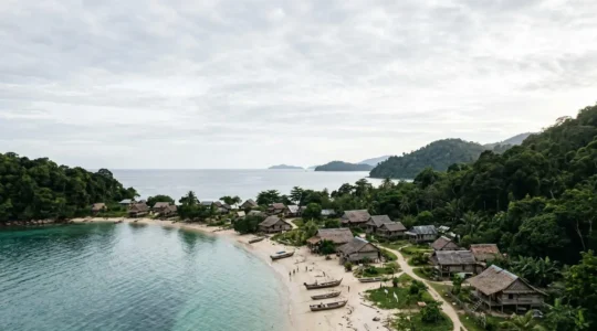 A remote island village scene balancing traditional authenticity and sustainable tourism practices