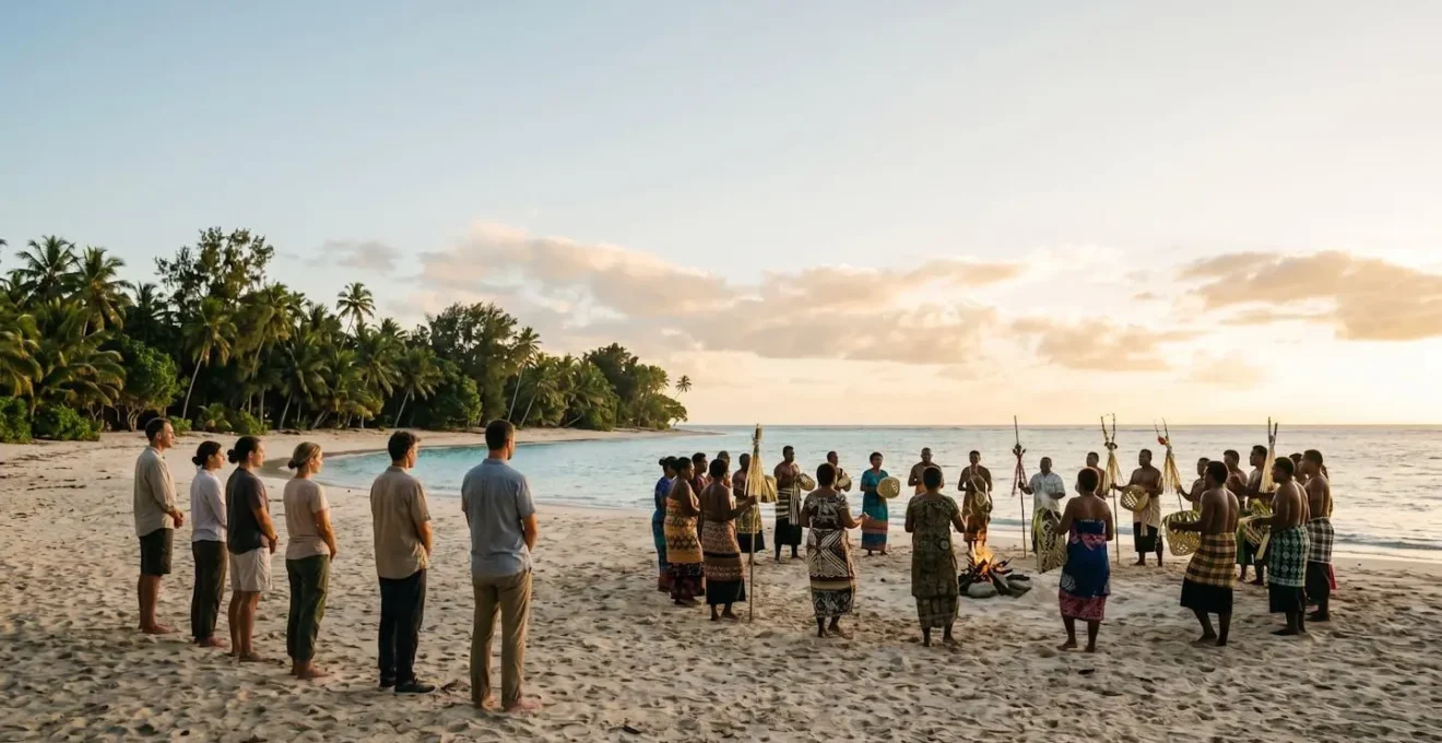 Wide shot of a traditional island festival with observers maintaining respectful distance from ceremonial performers
