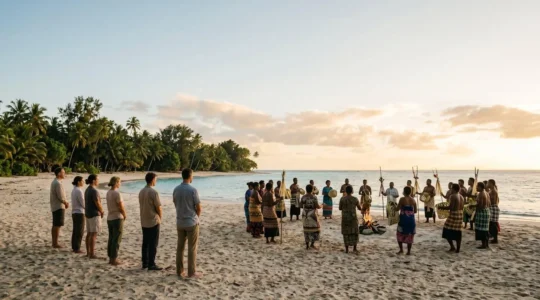 Wide shot of a traditional island festival with observers maintaining respectful distance from ceremonial performers