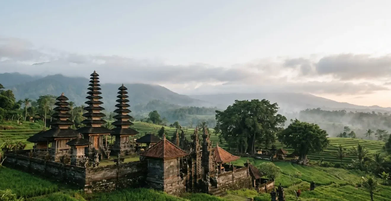 Ancient temple complex on a tropical island with traditional architecture showcasing sacred zones and spiritual elements