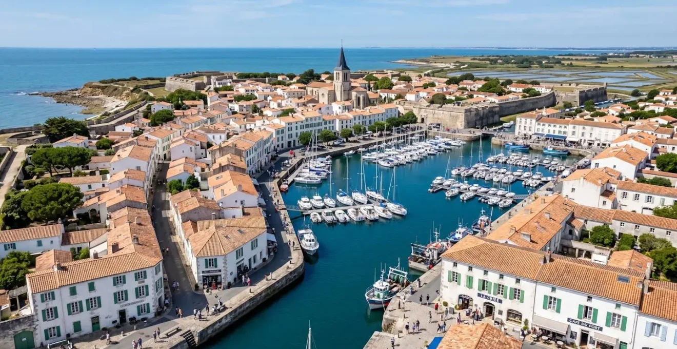 Aerial view of Saint-Martin-de-Ré showing traditional white houses with green shutters clustered around a harbour with moored sailboats, terracotta roofs contrasting against blue Atlantic water