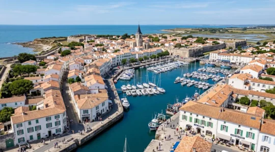 Aerial view of Saint-Martin-de-Ré showing traditional white houses with green shutters clustered around a harbour with moored sailboats, terracotta roofs contrasting against blue Atlantic water