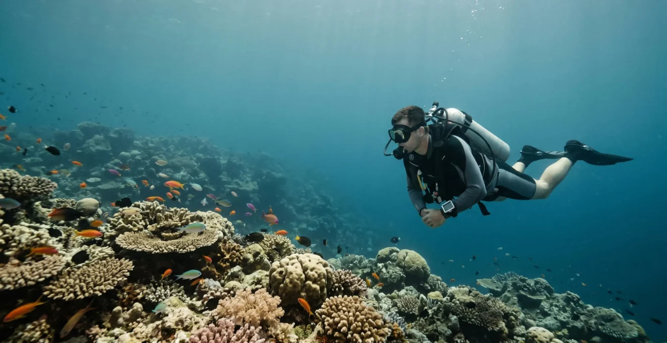 Scuba diver navigating tropical reef at safe recreational depth with proper equipment