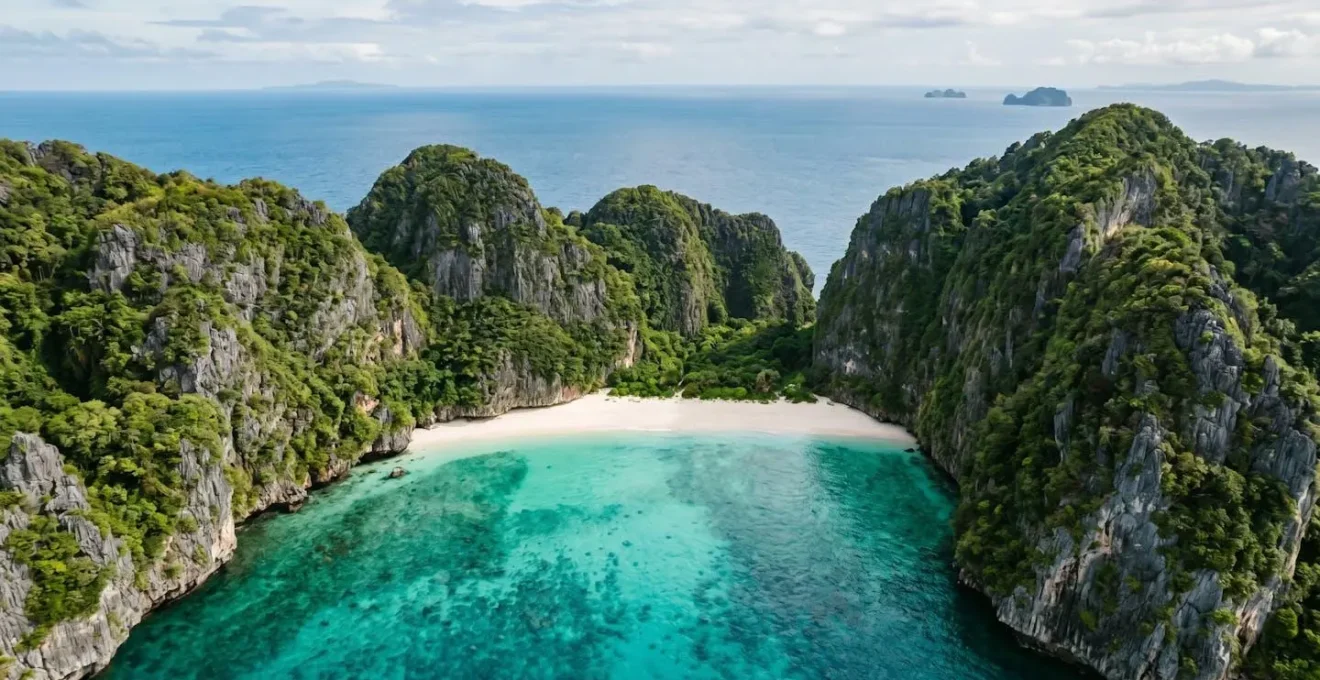 Pristine secluded island cove with turquoise waters surrounded by limestone cliffs, embodying coastal solitude and escape from overtourism