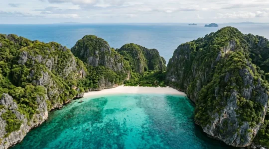 Pristine secluded island cove with turquoise waters surrounded by limestone cliffs, embodying coastal solitude and escape from overtourism