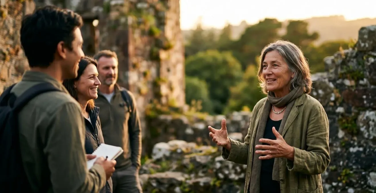 A local guide sharing stories with visitors at an ancient island heritage site, capturing authentic cultural connection