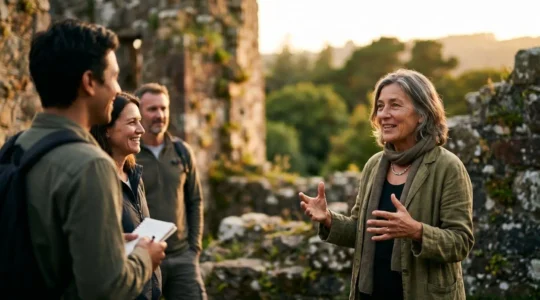 A local guide sharing stories with visitors at an ancient island heritage site, capturing authentic cultural connection